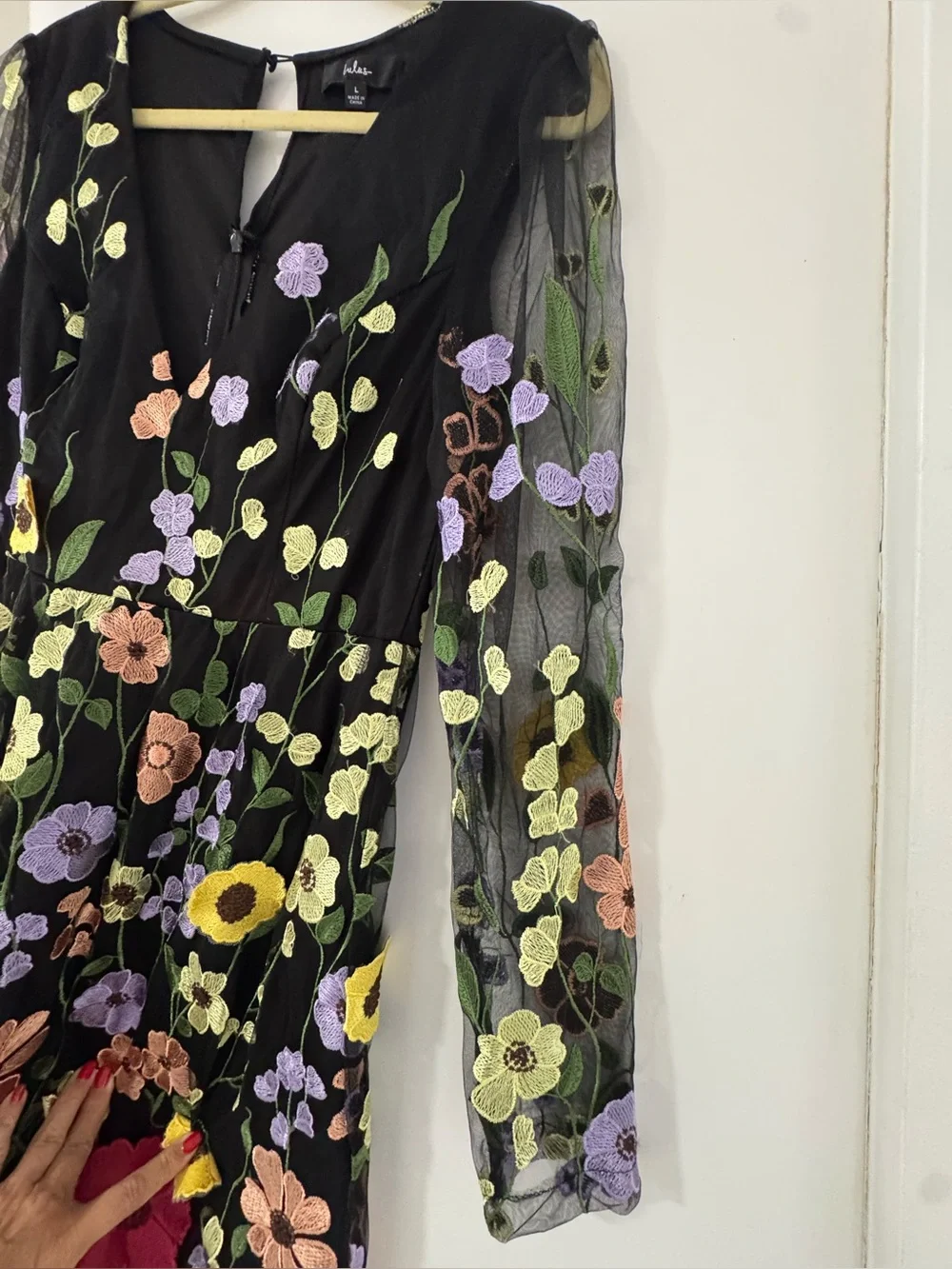 Lulus Floral Embroidered Long Sleeve Midi Dress Black Size L - Picture 6 of 8
